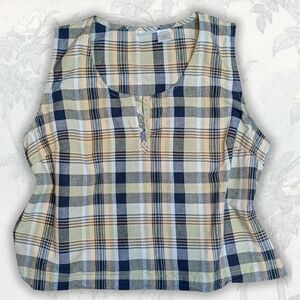 SOLD Cherokee Plaid Sleeveless Henley Tank - Navy, Cream & Sage